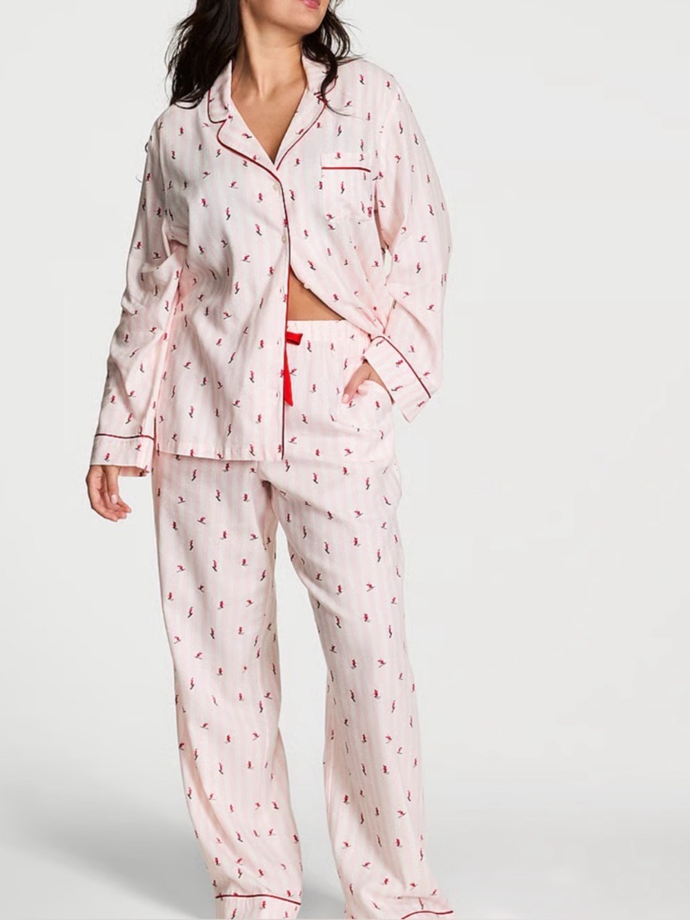 Victoria’s Secret White Pajama Pants with Red Drawstring and Ski Motif